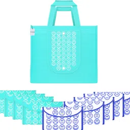 Pack of 10 Smile Foldable Grocery/Shopping Bags For Women | Blue & White Blue Pack of 10 Grocery Bags-image-6