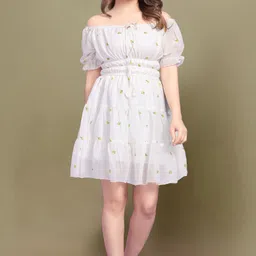 Women A-line White Above Knee/Mid Thigh Length Dress-image-2