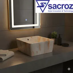Sacroz white & Gold Marble Finish Wash Basin with Tap Hole MS-2313 Table Top Basin image 2