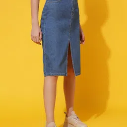 belliskey Women Solid Straight Blue Skirt image 3