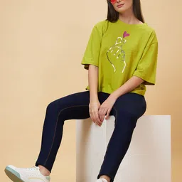 globus Women Printed Round Neck Pure Cotton Green T-Shirt image 5