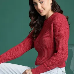 Women Striped Round Neck Red Sweater-image-4