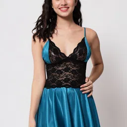 Klamotten Women Turquoise Blue & Black Lace Baby Doll-image-1