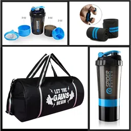15 L Gym Duffel Bag - Combo for Black Gym Bag, blue Bottle shaker 600ml & blue Wrist Support Band - Blue-image-94