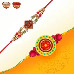 niozaki Bhaiya Bhabhi CHUDA-OM Gold Finish, Kundan, Pearl, Mauli Thread Rakhi, Lumba, Bracelet, Chawal Roli PackSet image 5