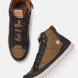 Woodland Men Mid-Top Colourblocked Leather Sneakers with Lace-Up Detail-picture-39