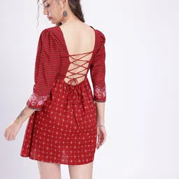 fusion by glitchez Floral Printed Square Neck Tie-Up Detailed A-Line Mini Dress image 5