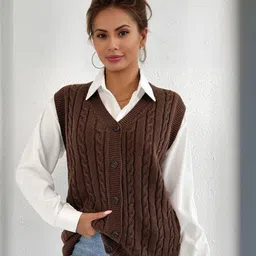 Blooming Tales Women Self Design Cable Knit V-Neck Sweater Vest-picture-37