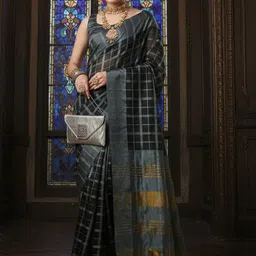 Anouk Rustic Checked Zari Silk Blend Heavy Work Taant Saree-image-17