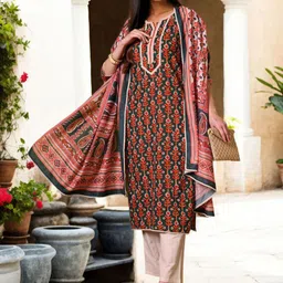 Anouk Floral Printed Notch Neck Pure Cotton Straight Kurta With Trousers & Dupatta image 2