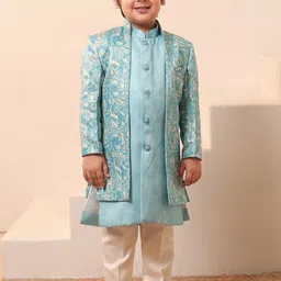 Aj DEZInES Boys Blue Jacquard Full Sleeves Rich Embroidered Sherwani Set-picture-15