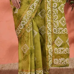 Sangria Motifs Printed With Woven Zari Border Pure Cotton Saree With Unstitched Blouse image 2