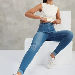 DOLCE CRUDO Women Skinny Fit High-Rise Mildly Distressed Light Fade Stretchable Jeans-image-65
