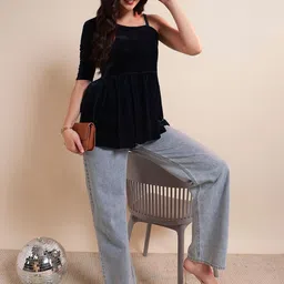 VAARARO One Shoulder Velvet Peplum Top image 2