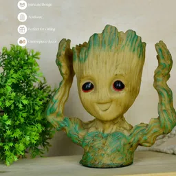 SOWPEACE Beige & Green Printed Groot Figurine Planter With Hands Up Showpieces image 5