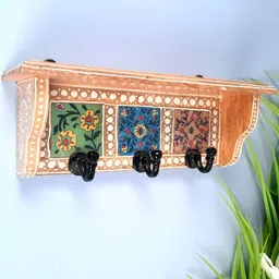 apka mart Brown & Black Printed Wooden Shelf With Wall Hooks Key Holder image 5