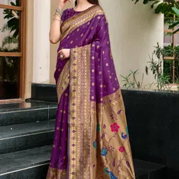 Mitera Woven Design Zari Silk Blend Heavy Work Paithani Saree image 2