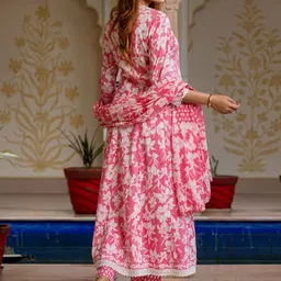 KALINI Women Floral Printed Regular Sequinned Pure Cotton Kurta with Trousers & Dupatta image 3