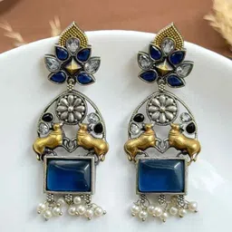 NAMAN ARTS Silver-Plated Artificial Stones Studded And Beaded Contemporary Drop Earrings-picture-27