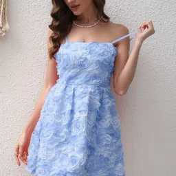 KPOP Women Self Design Shoulder Straps Fit and Flare Mini Dress-picture-19