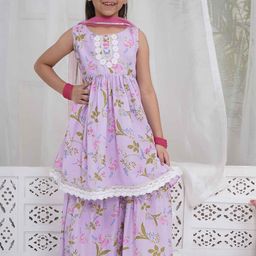 Little Bansi Girls Floral Printed Cotton A-Line Kurta with Sharara & Dupatta-picture-16
