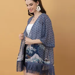 PURYS Women Printed Tasselled Longline Placement Print Shrug image 2