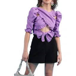 YANA FASHION Puff Sleeve Ruffles Wrap Crop Top-picture-17