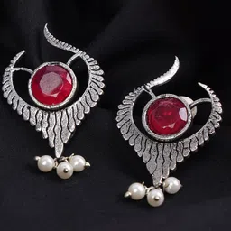 PUJVI Silver-Plated Artificial Stones Studded And Beaded Contemporary Shaped Drop Earrings-picture-17