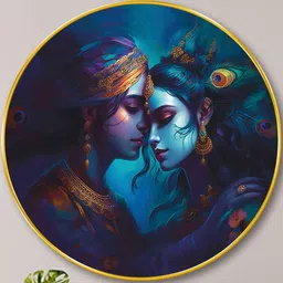 Livin'luxe Blue & Gold-Toned Radha Krishna Wall Hallway Round Painting Wall Art 20" x 20"-picture-11
