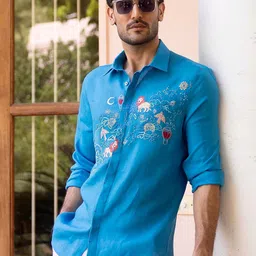 ASUKA Embroidered Spread Collar Relaxed Fit Linen Shirt image 3