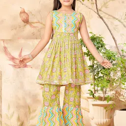 Sangria Girls Floral Printed Gotta Patti Pure Cotton Anarkali Kurta With Sharara-picture-52