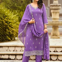 MOKOSH Floral Embroidered V-Neck Straight Kurta With Trousers & Dupatta-image-11