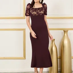 Miss Chase Women Solid Self Design Lace Inserts Puff Sleeve Bodycon Midi Dress-image-23