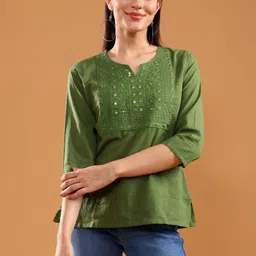 LIMEROAD Ethnic Motifs Embroidered Mirror Work Pure Cotton Mirror Work Kurti image 5