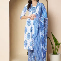 Poshak Hub Women Floral Printed Regular Pure Cotton Kurta with Palazzos & With Dupatta-picture-24
