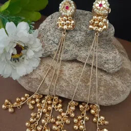 Sanjog Gold Plated Pachi Kundan & Ghungaroo Studded Kashmiri Drop Earrings-image-34
