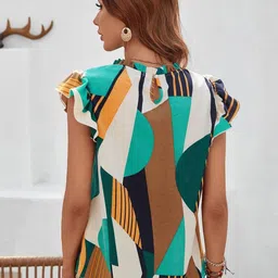 Stylecast X Slyck Women Geometric Print Flutter Sleeve Ruffles Blouson Top image 2