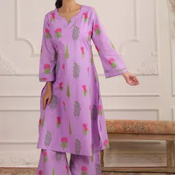 CRAFIQA Flora Printed Pure Cotton V-Neck Top With Trousers Co-Ords image 2