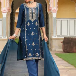 Janasya Women Floral Embroidered Regular Sequinned Kurta with Trousers & With Dupatta-image-96