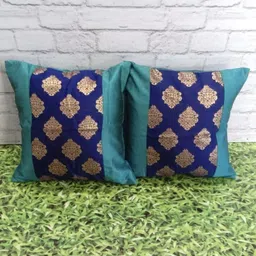 Pink Parrot Blue & Gold-Toned 2 Pieces Ethnic Motifs Jacquard Silk Square Cushion Covers-image-54