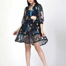 COSMIC TRIO Floral Printed Tie-Up Neck Fit & Flare Dress-image-61