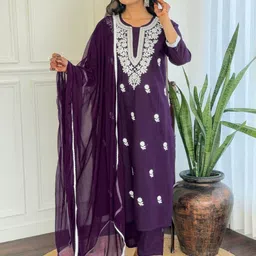THE52 Women Floral Embroidered Regular Chikankari Pure Cotton Kurta with Trousers & With Dupatta-picture-4