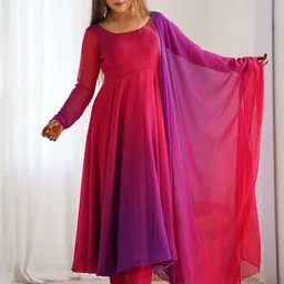 GoSriKi Dyed Ombre Round Neck Anarkali Kurta With Trousers & Dupatta-picture-14