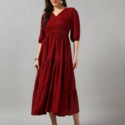 Raiyani Fashion Women Gathered Tiered Puff Sleeve Fit & Flare Midi Dress-image-0