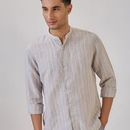 Raymond Vertical Striped Band Collar Regular Fit Casual Shirt-picture-21