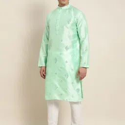 SOJANYA Men Sea Green Ethnic Motifs Embroidered Mirror Work Kurta Pyjamas & Nehru Jacket image 5