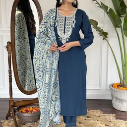 KALINI Paisley Embroidered Round Neck Regular Kurta With Trousers With Dupatta image 5