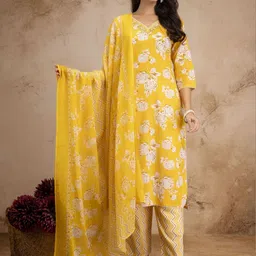 MANJALI DESIGN Women Floral Printed Regular Mirror Work Pure Cotton Trousers & With Dupatta image 2