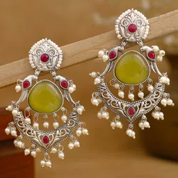 KRISHAZ Silver Plated Artificial Stones Studded And Beaded Oxidised Teardrop Drop Earrings-picture-17