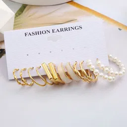 GOLDIWALA Set Of 6 Gold Plated Pearls Beaded Geometric Hoop Earrings image 3